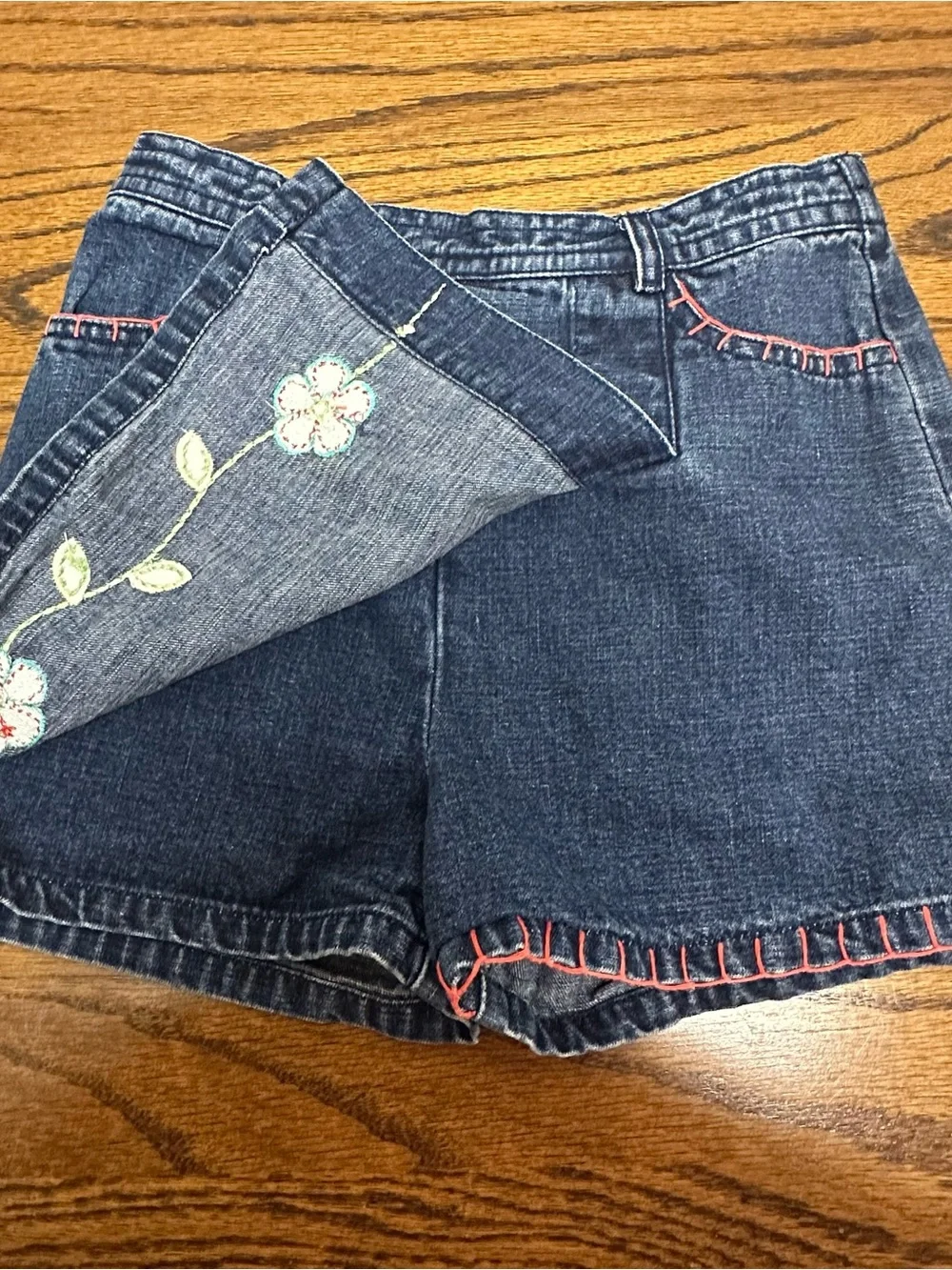 Gymboree Denim Skort with Turquoise Flowers and Pink Stitching